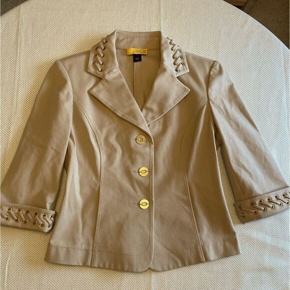 St John cotton stretch tan beige blazer church suit size 2 laced eyelet